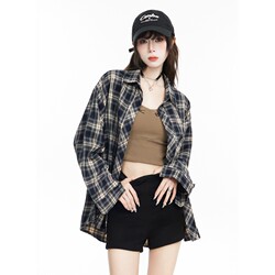 Navy Blue Plaid Shirt Women's Sun Protection Clothing 2026 Spring New Korean Style Petite Polo Collar Layered Jacket