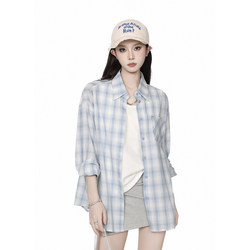 Blue Plaid Long-Sleeved Shirt Jacket for Women 2026 Spring Korean Style Lazy Style Polo Collar Shirt Sun Protection Cardigan Top