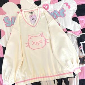 
Ruibbit original pixel cat pink apricot sweater v-neck lantern sleeve 2D y2k subculture long sleeve women