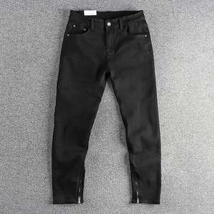 
Zipper hem design American high street retro trendy black jeans for men, slim fit and versatile nine-point pants