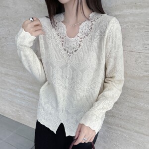 
French lace wool light luxury new spring bottoming shirt spliced V-neck sweater popular women's clothing