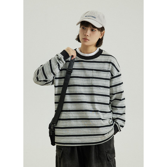 
GoodNorth Japanese retro striped long-sleeved T-shirt for men and women, loose neutral style round neck sweatshirt pullover