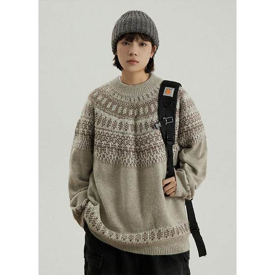 
GoodNorth Fair Isle lazy style loose sweater for men and women same style autumn and winter retro jacquard pullover sweater
