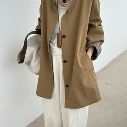 【Xiaoxiao】Autumn Korean Style Stand-Up Collar Plaid Patchwork Single-Breasted Mid-Length Trench Coat 78802 9.16