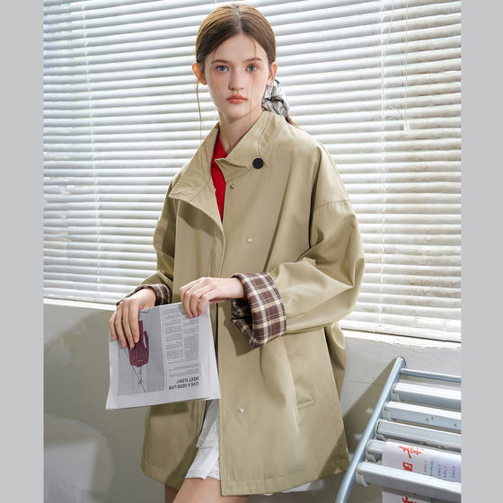 
a02 high-end small contrasting color loose silhouette British style Japanese coat 2025 autumn women's windbreaker