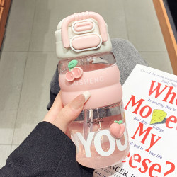 Sports Water Bottle for Girls, High Appearance Value, 2026 New Model, Tritan Double Drinking Straw Cup, Student Plastic Cup with Scale