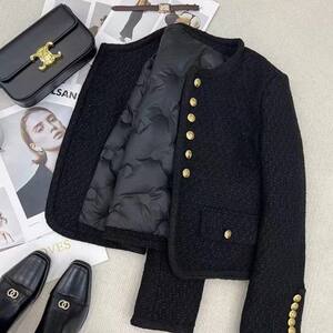 
Black gold French material little girl's down jacket black gold 2025 jacket new style tweed autumn and winter fragrance short style chaebol