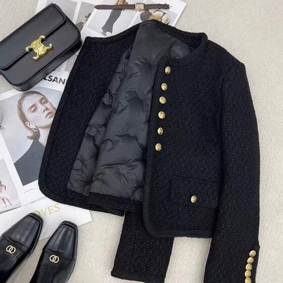 
Black gold French material little girl's down jacket black gold 2025 jacket new style tweed autumn and winter fragrance short style chaebol