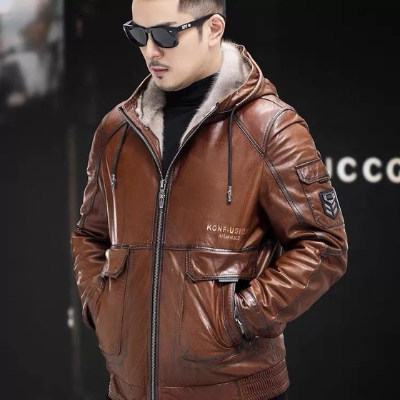 
Genuine leather jacket men's mink inner lid oil wax goatskin hooded jacket integrated fur winter mink coat