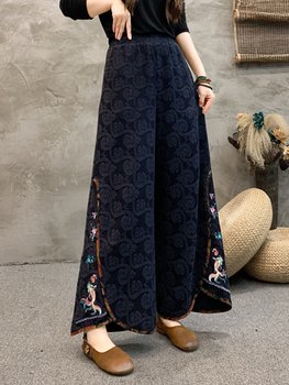 Ethnic style embroidered wide-leg pants for women in spring and autumn new high-waist drooping loose casual and fashionable large-size leg-show trousers
