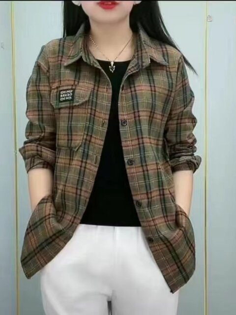 Foreign trade big name leaks large size pure cotton plaid shirt female mandarin is thin casual wild long -sleeved jacket
