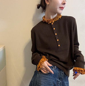 
European Station 2025 Autumn and Winter New Style Versatile Small Stand-up Collar Fungus Color Block Single-breasted Knitted Sweater for Women