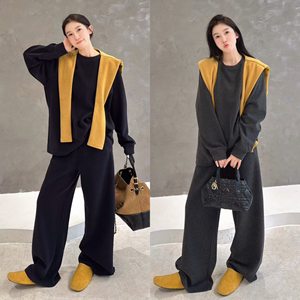 
European station 2025 new autumn style round neck loose long-sleeved tops straight trousers with shawl European casual suit