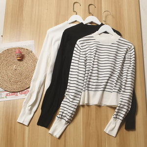 
Ripan~Loose thin black and white striped pullover round neck long sleeve knitted bottoming shirt for women to wear short top