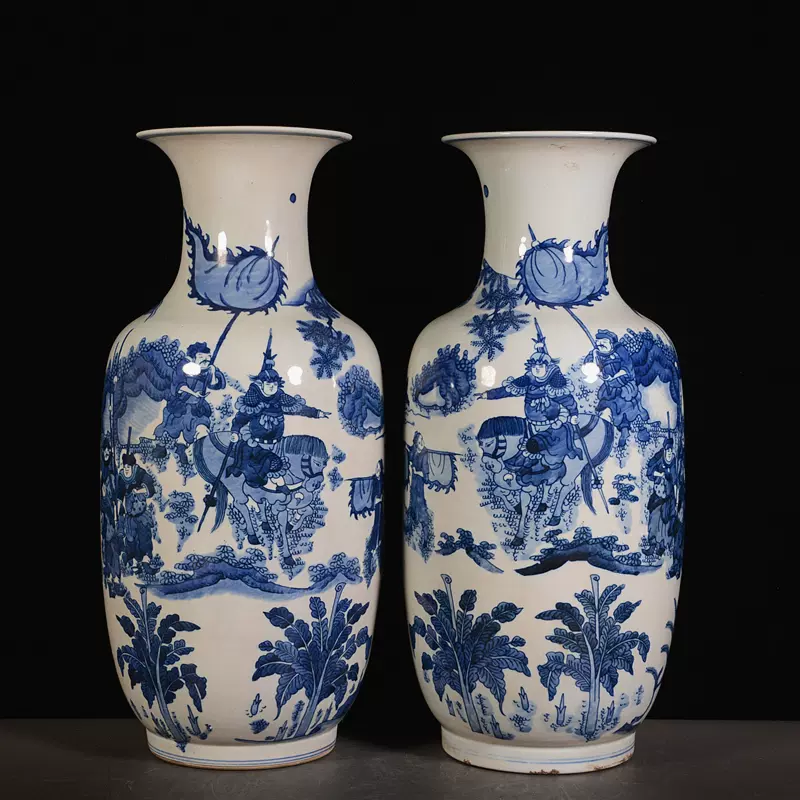 清代康熙青花賞瓶古董青花刀馬人物瓶景德鎮青花瓷花瓶收藏瓷瓶對瓶