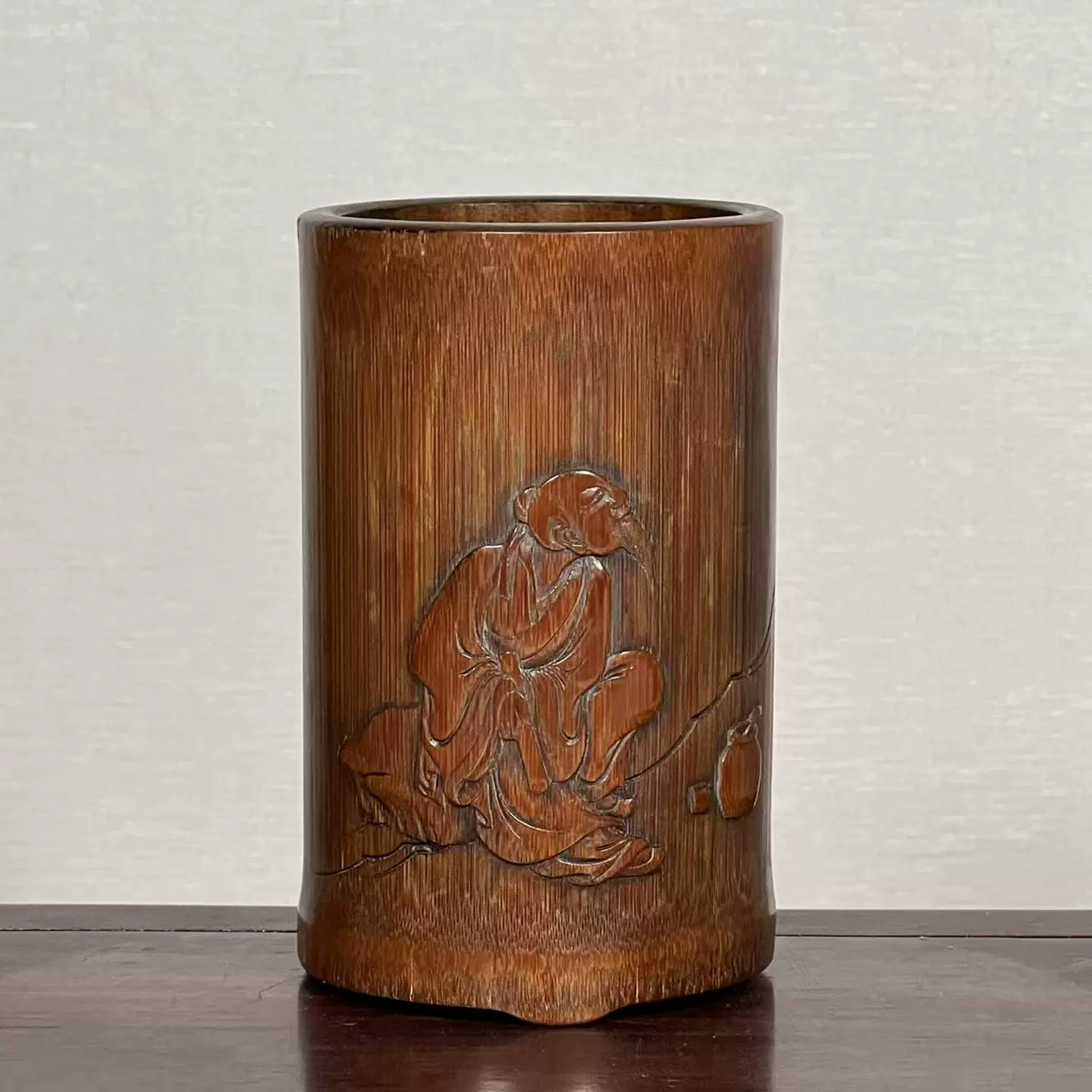 ☆ 唐物 筆筒 竹 鳥彫刻 書道具 中国美術 竹製 松下三老人