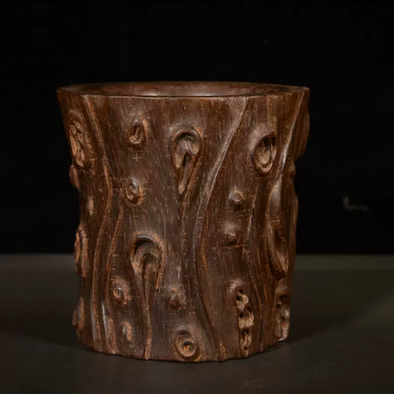 小葉紫檀の木彫 樹パイル形筆筒 清時代 極細工 手彫り 古賞物