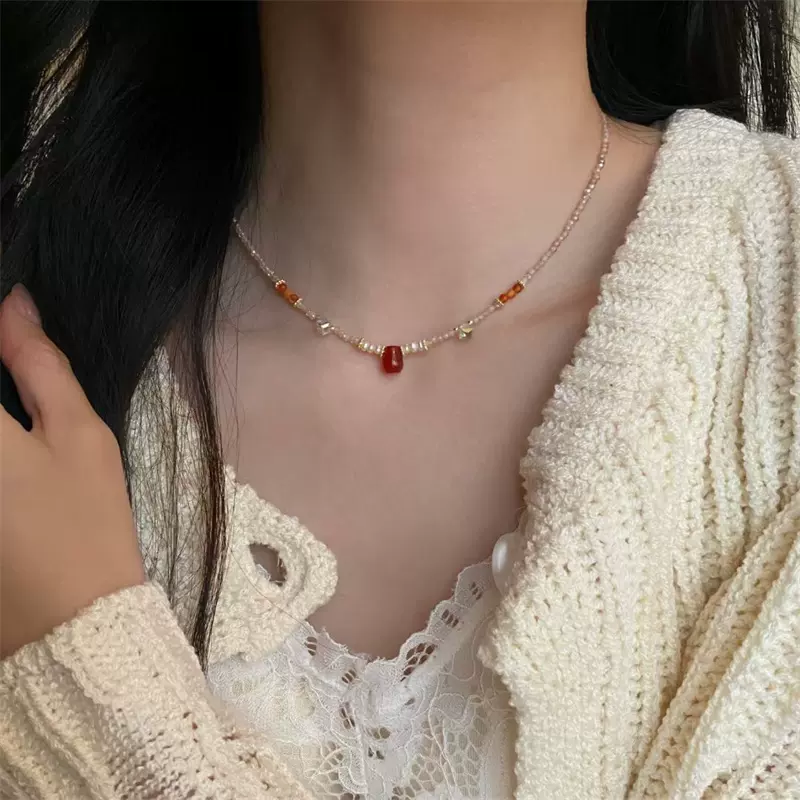 红色玛瑙项链串珠多巴胺彩色天然石水晶珍珠复古民族风夏天锁骨链-Taobao