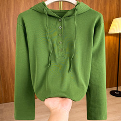 Spring New Style Hooded Solid Color Long-Sleeve T-Shirt for Women, Stylish and Age-Reducing, Slimming, Tummy-Covering Top, Base Hoodie