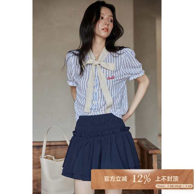 Ximeng 2025 new spring and summer French lace bow puff sleeve striped design niche shirt top for women