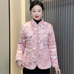 
New fashionable mother suit plus velvet warm winter small flower jacket Chinese retro buckle cotton jacket women's cotton jacket