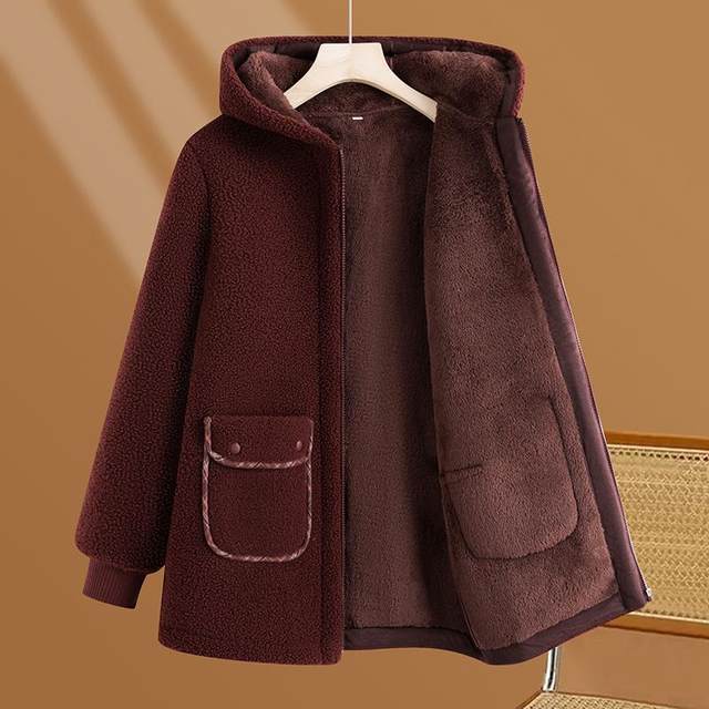 Good quality mother winter clothes ferret plus velvet thickened hooded jacket warm medium-length lamb velvet grandma cotton jacket
