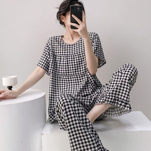 
Short-sleeved cotton silk pajamas for women summer Korean style black plaid anti-bump suit loose large size artificial cotton home clothes