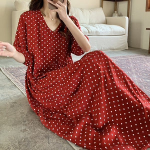 
2025 new nightgown for women in spring and summer cotton silk Chinese red polka dot dress temperament long skirt cotton pajama thin