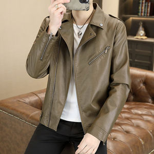 
Handsome slim fit slanted lapel motorcycle leather jacket autumn youth casual Korean style trendy jacket fashionable spring and autumn men's jacket