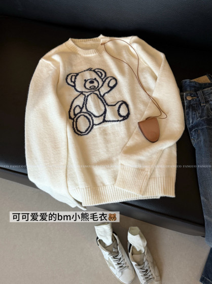 
bm home! fufu classic bear wool sweater loose round neck sweater women's sweater