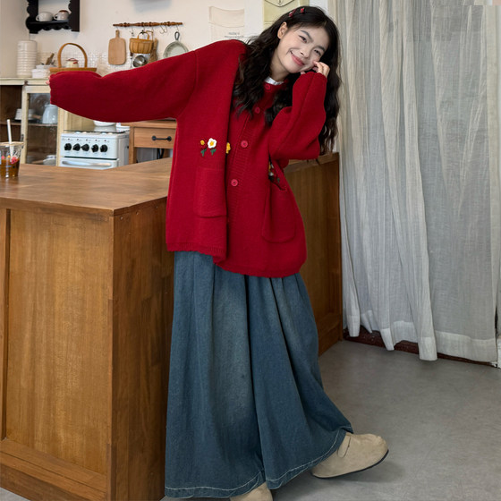 
Plus size women's clothing 2025 autumn Korean style loose three-dimensional floral cardigan sweater jacket + jeans suit for fat mm