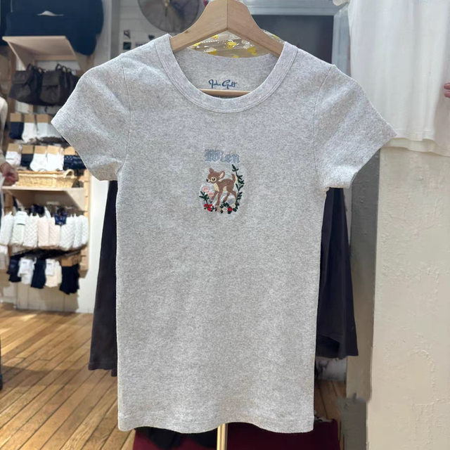 BM official website gray deer embroidered T-shirt for women in summer new hot girls slim and versatile round neck short-sleeved top