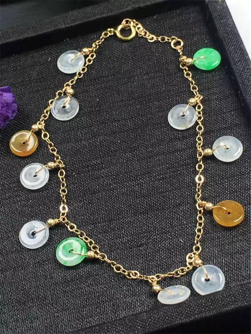 特价正品A货天然翡翠三彩平安扣14K金镶嵌手链冰透水