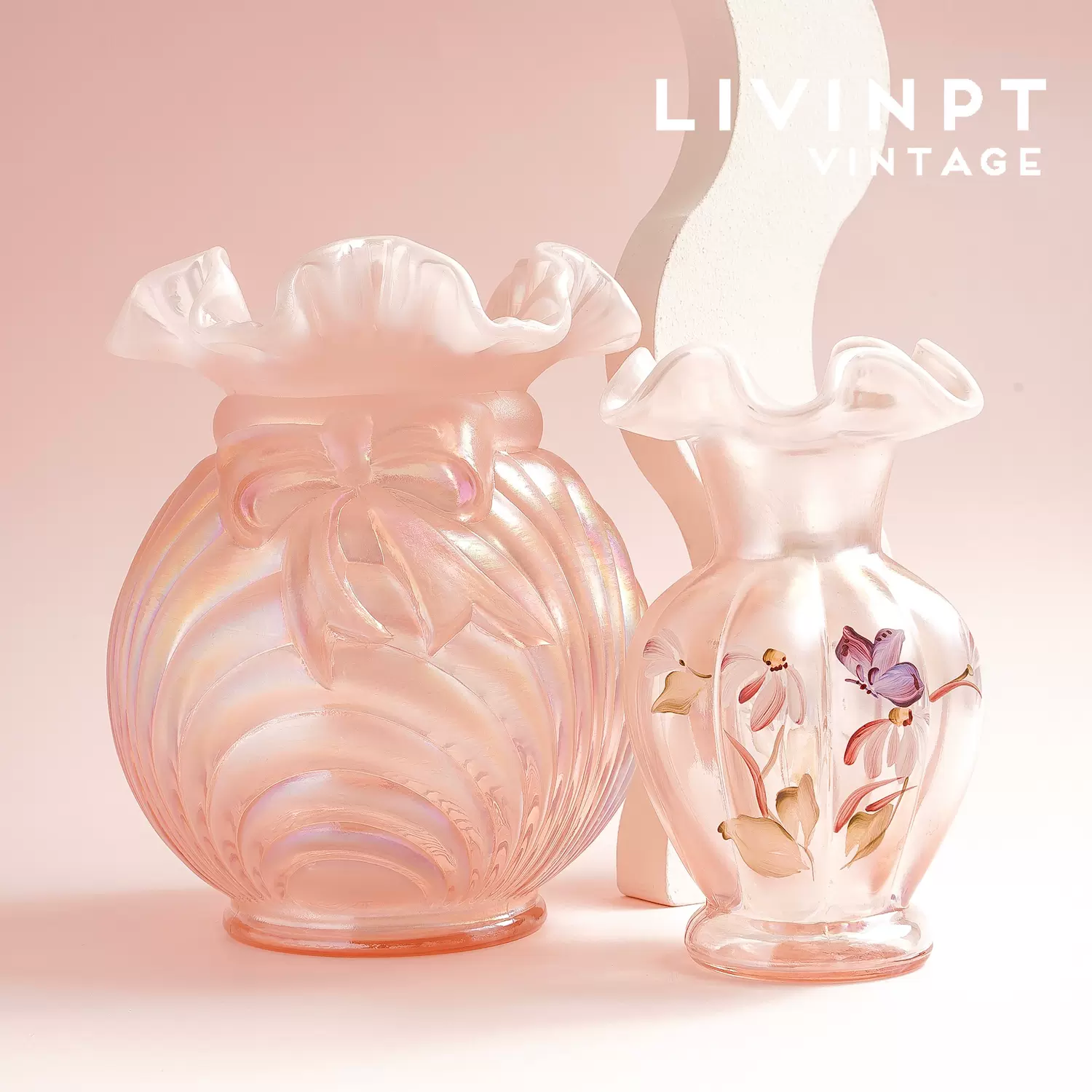 LIVINPT VINTAGE美国Fenton芬顿哑光虹彩蝴蝶结手绘玻璃中古花瓶-Taobao 