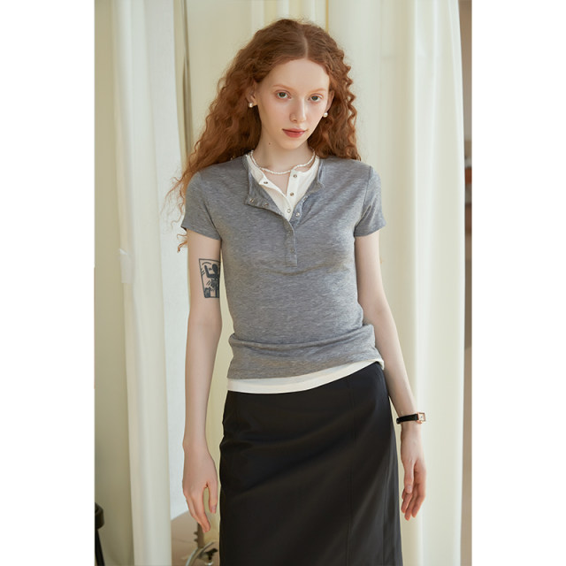 Henry neck retro American Tennis wool fake two-piece skin-friendly short-sleeved T-shirt for women's design inner slim body
