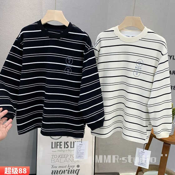 
Big E Little E Children's Clothing Medium and Large Children's Striped Long Sleeve T-Shirt 2026 Spring Model for Boys and Girls Pure Cotton Smiling Face Bottoming Shirt 5621