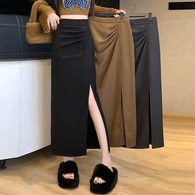 
Designed slit skirt with high waist irregular mid-length autumn and winter slimming new black fashionable pleated one-step skirt