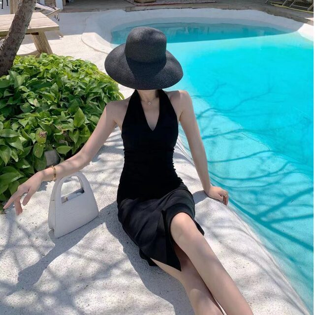 2024 Summer Mid-Length Modal Dress Halter Neck Low-cut Sexy Hip ...