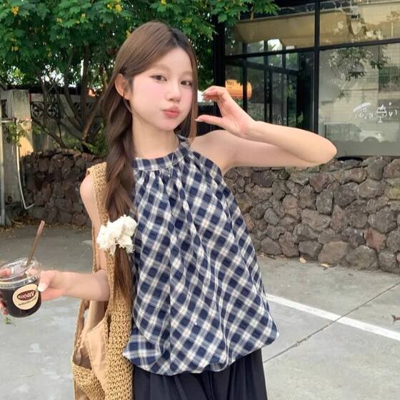 
Retro Plaid Flower Bud Sleeveless Vest Women's Summer Versatile New Contrast Color Slimming Halter Neck Temperament Top