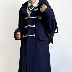 
Uncle Kimura dK Japanese horn button woolen coat for male and female students navy blue hooded mid-length woolen coat