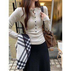 Spring and Autumn 2025 Winter Brushed Fleece Button Long Sleeve T-Shirt American Style Slim Fit Top for Women as Inner Layer
