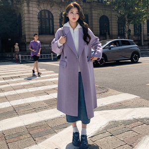 Purple double -sided cashmere woolen coat female medium long 2023 autumn and winter new Korean version of loose temperament woolen coat
