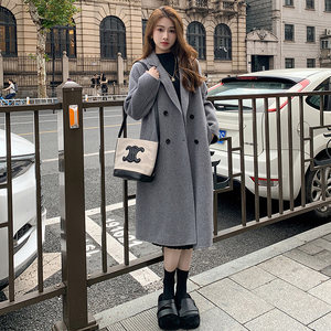Gray double -sided velvet Women's medium length 2024 autumn and winter new Korean version of loose temperament woolen coat
