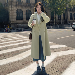 The new green double -sided velvet woolen female 2024 autumn and winter Korean version of the loose mid -length Hepburn Hepburn Woolen coat
