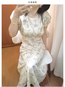 
Rameng Flowing Light, Bunny Bubble Sleeve High Waistline Waist-Close Long Dress 100 Ramie Women's Summer Floral Dress A