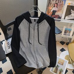 150kg Plus Size Women's Spring and Autumn Hooded Sweatshirt Long Sleeve Top Sports Outerwear Cardigan Thin Jacket ins Trendy