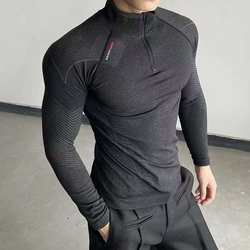 Alpha Men Seamless Fitness Long-Sleeved Muscle-Revealing Elastic Slim-Fit Half-Zip Sports Training Clothing Bodysuit for Men