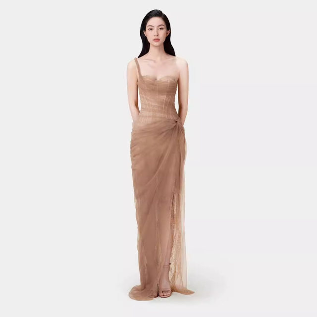 2025 summer new pure sexy lace solid color one-shoulder dress dress small dress design sense 1740
