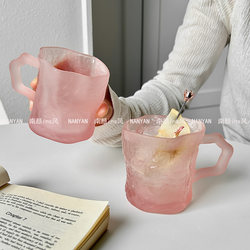 ins Wind Girl Pink Glacier Glass Cup with Handle, High-Quality Household Juice Cup, Coffee Cup, Beverage Cup, Water Cup