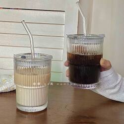 ins Wind Stripe Coffee Cup with Straw and Lid, Glass Portable Cup, Summer Iced Americano Latte Cup, Drinking Cup